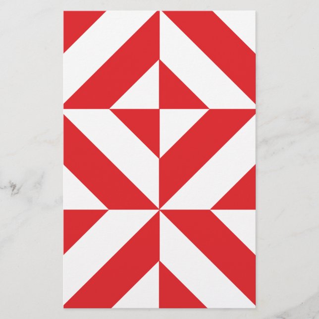 Cherry Red Geometric Deco Cube Pattern Stationery (Front)