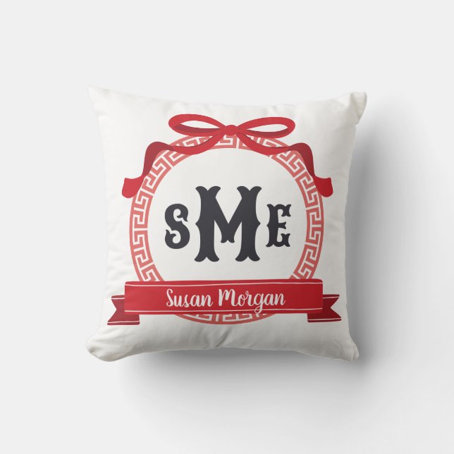 Cherry Red Greek Key Bow Monogram Cushion (Front)