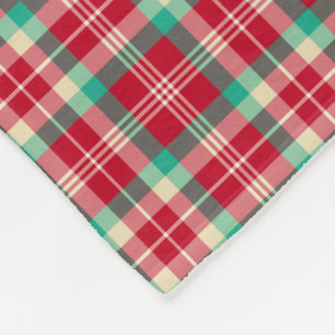 Cherry Red, Green and Cream Retro Christmas Plaid Fleece Blanket