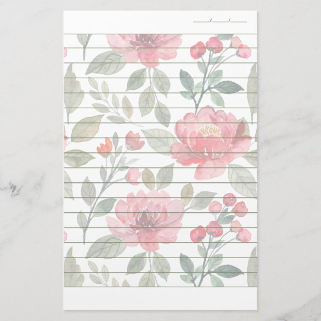 Cherry Red Green Pattern Writing Paper Lined (Front)