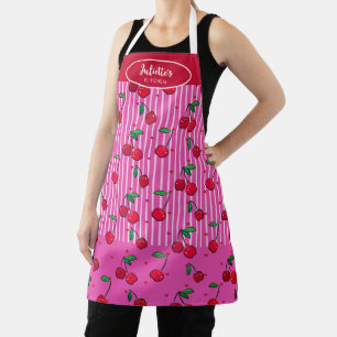 Cherry Red Heart Pattern Pink Stripe Custom Name  Apron