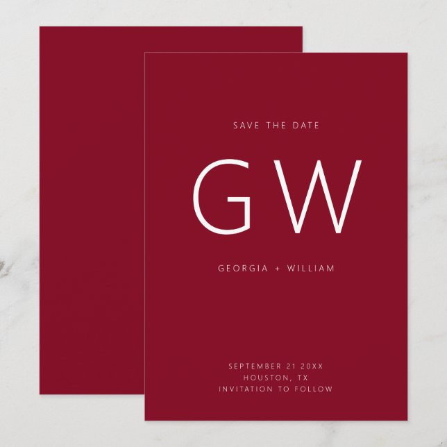 Cherry Red Minimal Typography Monogram Save The Date (Front/Back)