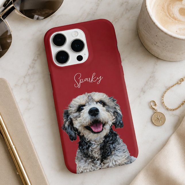Cherry Red Modern Dog Photo and Script Pet Name iPhone Case (Creator Uploaded)