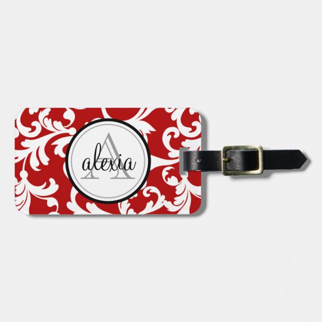 Cherry Red Monogrammed Damask Print Luggage Tag (Front Horizontal)