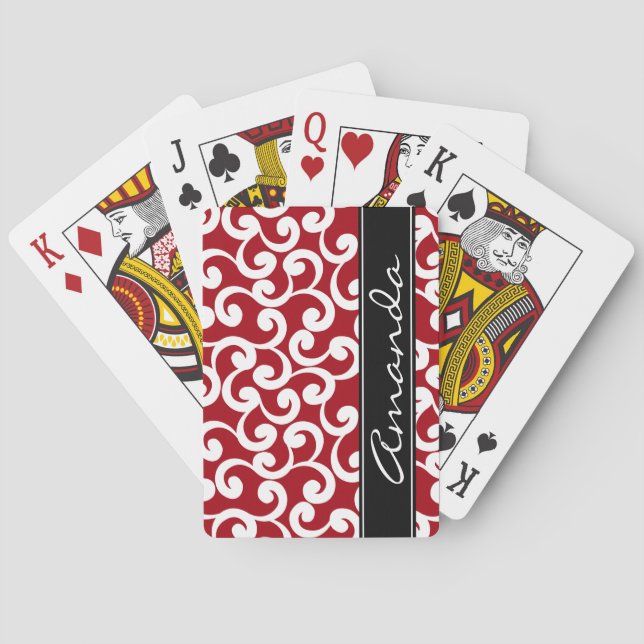 Cherry Red Monogrammed Elements Print Playing Cards (Back)