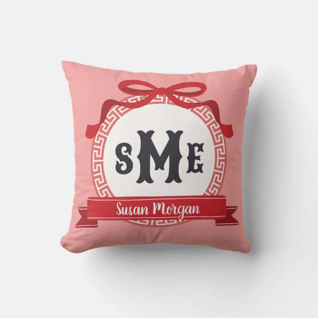 Cherry Red Reverse Greek Key Bow Monogram Cushion (Front)