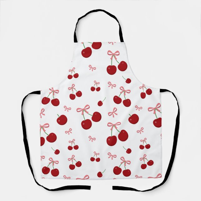 Cherry Red Ribbon Seamless Pattern Cute Fruit  Apron (Front)