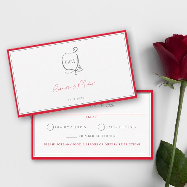 Cherry Red Simple Elegant Monogram RSVP Wedding Enclosure Card (Creator Uploaded)