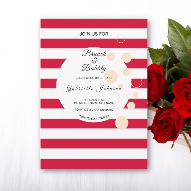 Cherry Red Stripes Brunch & Bubbly Bridal Shower Invitation (Creator Uploaded)