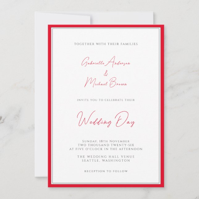 Cherry Red Traditional Simple Elegant Wedding Invitation (Front)