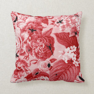 Cherry Red Vintage Botanical & Bug Floral Toile Cushion