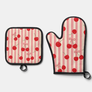 Cherry Ribbon Stripe Oven Mitt & Pot Holder Set