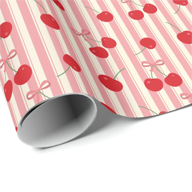 Cherry Ribbon Stripe Wrapping Paper (Roll Corner)