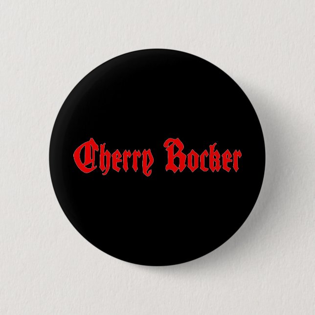 Cherry Rocker Button - Red Text on Black (Front)