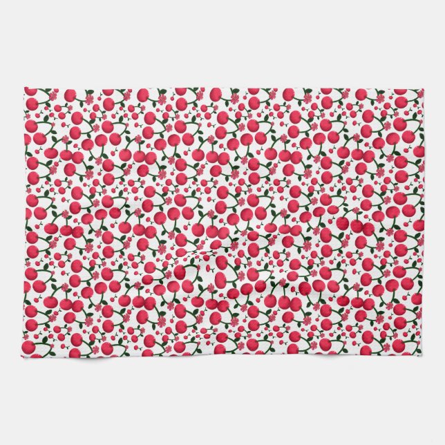 Cherry Seamless Pattern, Red Fruit Pattern, Cute C Tea Towel (Horizontal)