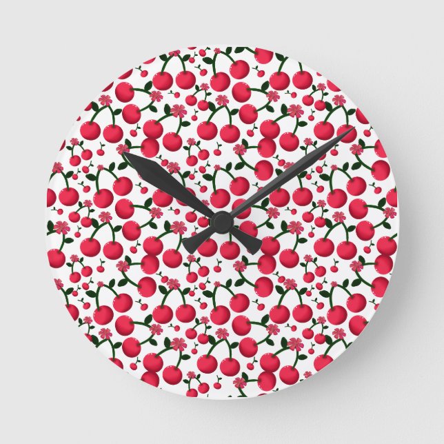 Cherry Seamless Pattern, Red Fruit Pattern,  Round Clock (Front)