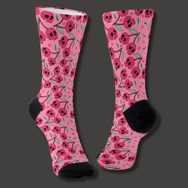 Cherry Skull Retro Groovy Girly Socks (Cherry skull socks are spooky,  trendy and fun.)