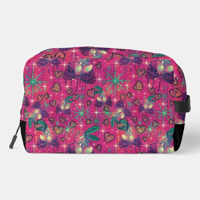 Cherry Skulls, glitz and hot pink Dopp Kit (Back)