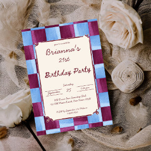 Cherry sky blue checks modern birthday party invitation
