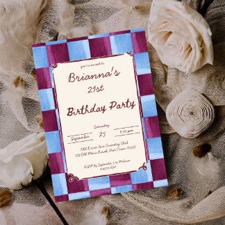 Cherry sky blue checks modern birthday party invitation