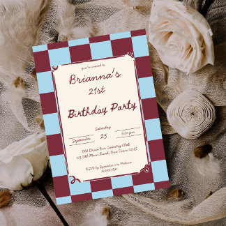Cherry sky blue checks modern birthday party invitation