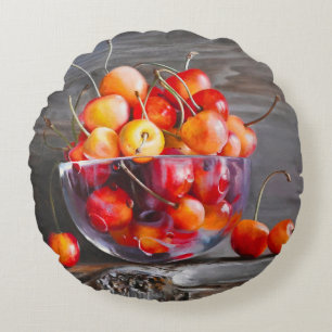 Cherry Still Life in Glass Stretched Canvas Print Round Cushion