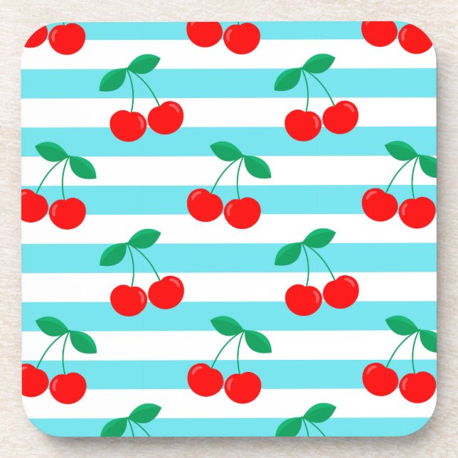 Cherry Stripe Pattern – Retro Fruit Gift & Decor Coaster (Front)