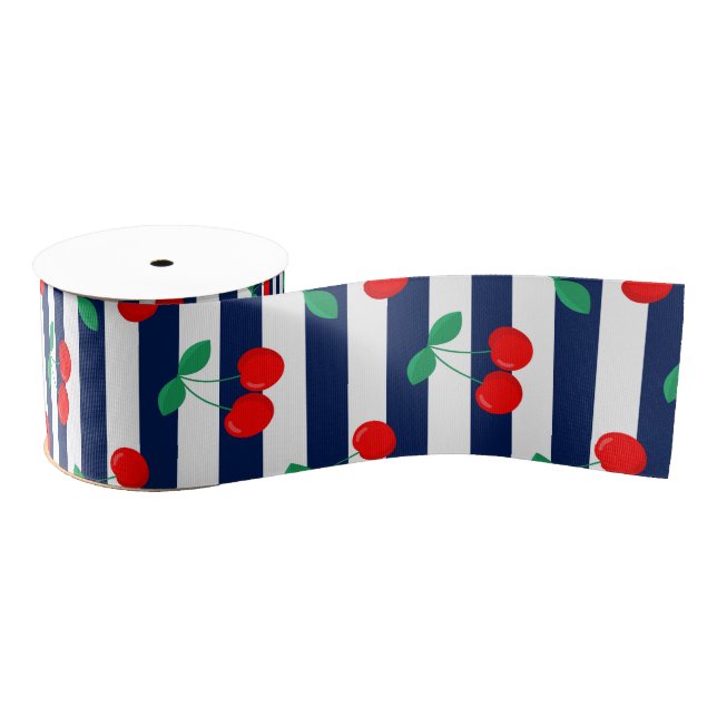 Cherry Stripe Pattern – Retro Fruit Gift & Decor Grosgrain Ribbon (Spool)