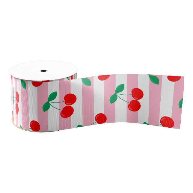 Cherry Stripe Pattern – Retro Fruit Gift & Decor Grosgrain Ribbon (Spool)