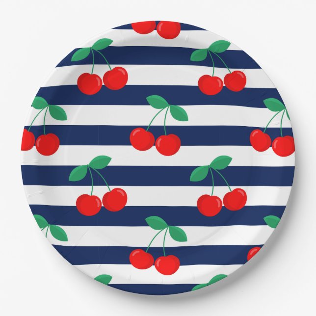 Cherry Stripe Pattern – Retro Fruit Gift & Decor Paper Plate (Front)