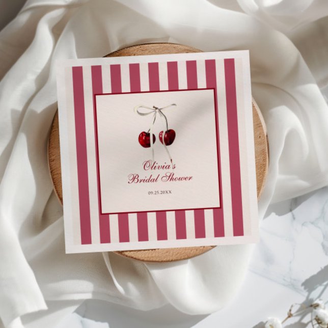 Cherry Striped Bridal Shower Napkin (Creator Uploaded)