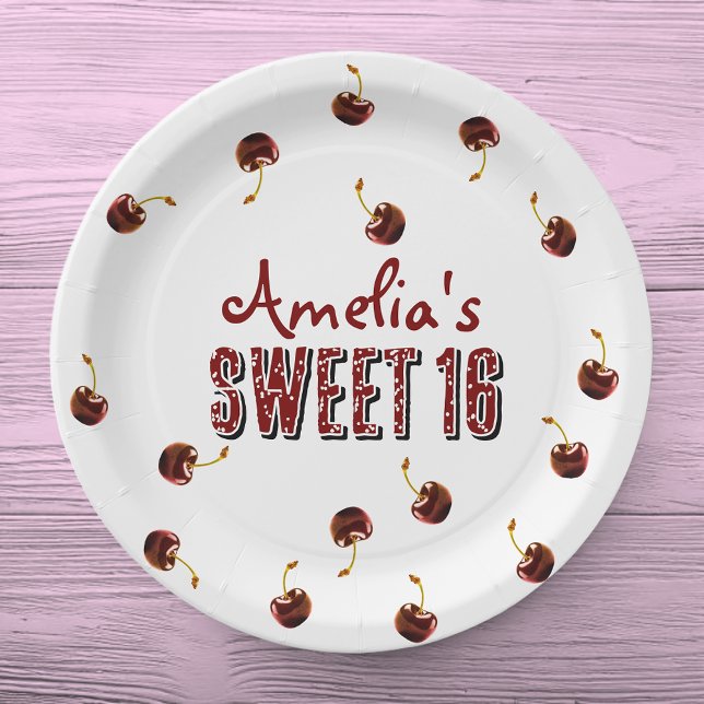 Cherry Sweet 16 Personalised Party Paper Plate (Creator Uploaded)