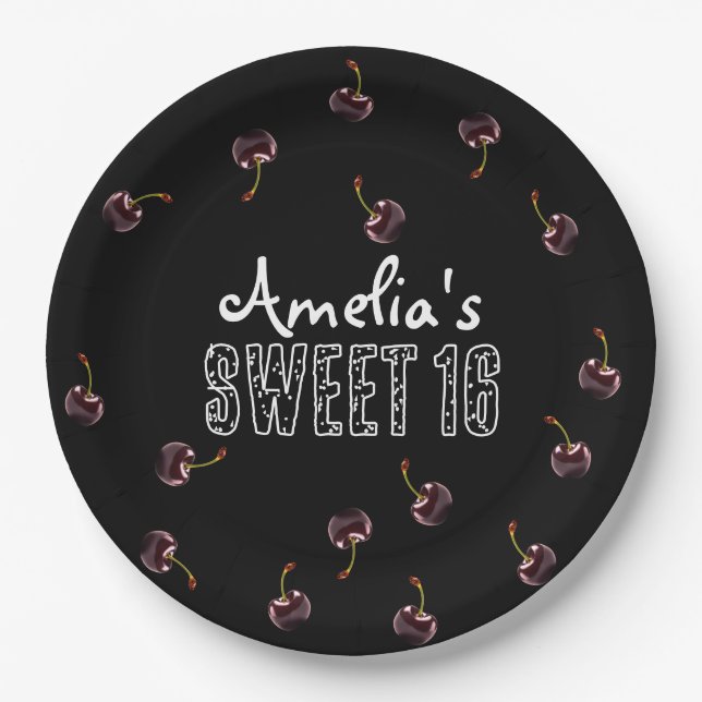 Cherry Sweet 16 Personalised Party Paper Plate (Front)