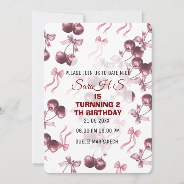 Cherry Sweet Birthday Party Invitation, Cherry Bow Invitation (Front)
