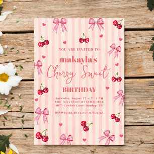 Cherry Sweet Birthday Party pink Bow Girl  Invitation