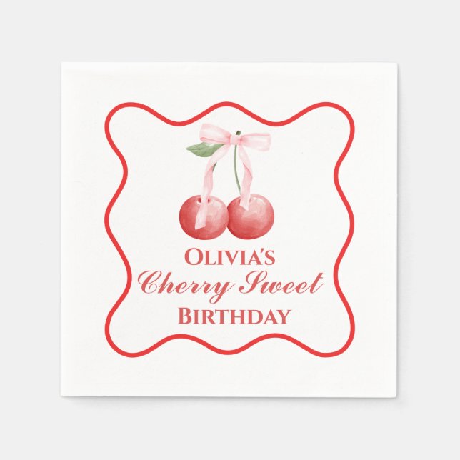 Cherry Sweet birthday Pink Bow Gingham Napkin (Front)
