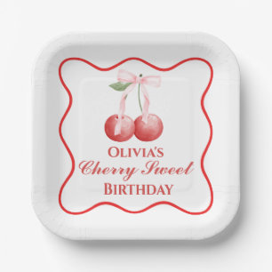 Cherry Sweet birthday Pink Bow Gingham Paper Plate