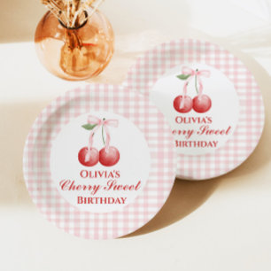 Cherry Sweet birthday Pink Bow Gingham Paper Plate