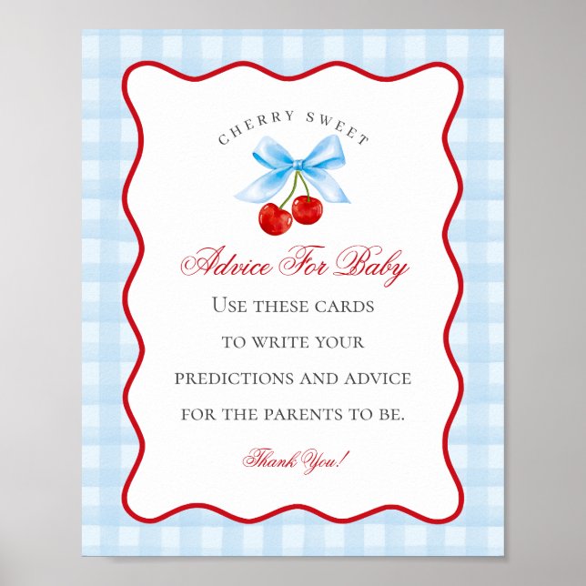 Cherry Sweet Blue Coquette Bow Advice for Baby Poster (Front)