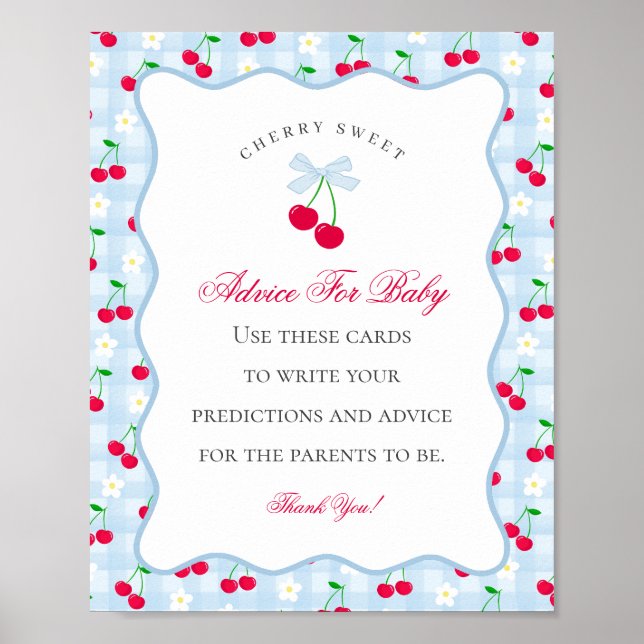 Cherry Sweet Blue Coquette Bow Advice for Baby Poster (Front)