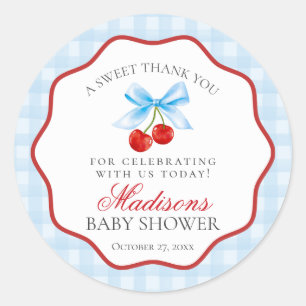 Cherry Sweet Blue Coquette Bow Baby Shower Circle Classic Round Sticker