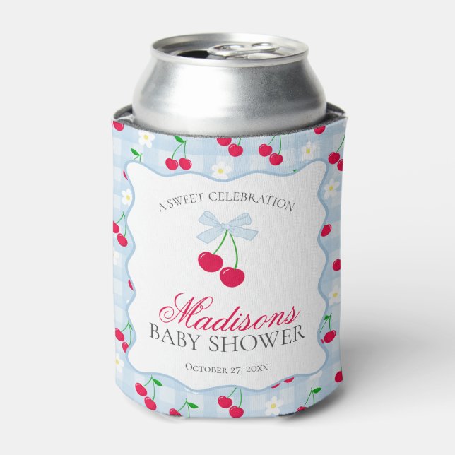Cherry Sweet Blue Coquette Bow Baby Shower Favour Can Cooler (Can Front)