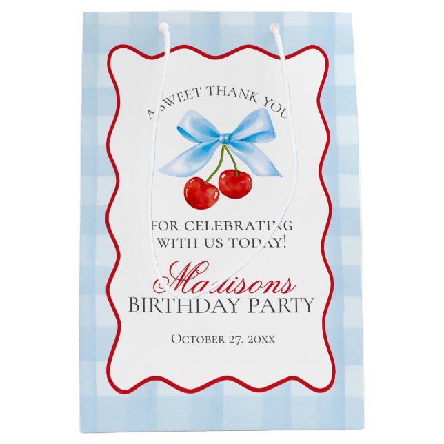 Cherry Sweet Blue Coquette Bow Birthday Favours Medium Gift Bag (Front)