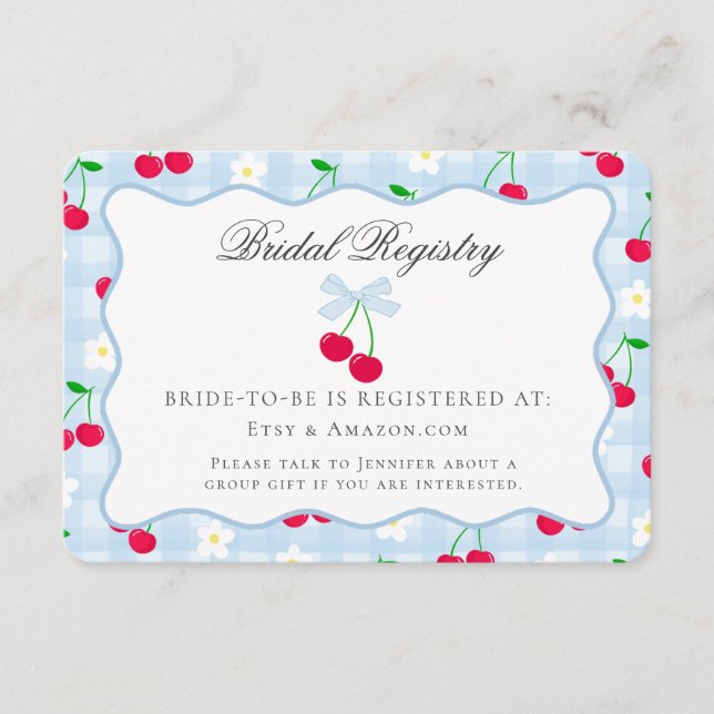 Cherry Sweet Blue Coquette Bow Bridal Registry Enclosure Card (Front)
