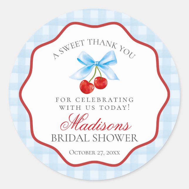 Cherry Sweet Blue Coquette Bow Bridal Shower Classic Round Sticker (Front)