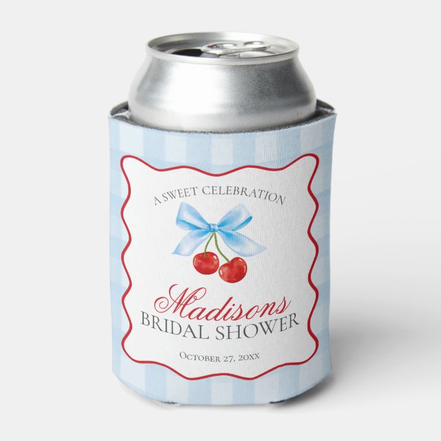 Cherry Sweet Blue Coquette Bow Bridal Shower Favou Can Cooler (Can Front)