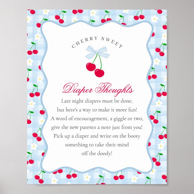 Cherry Sweet Blue Coquette Bow Diaper Thoughts Poster (Front)