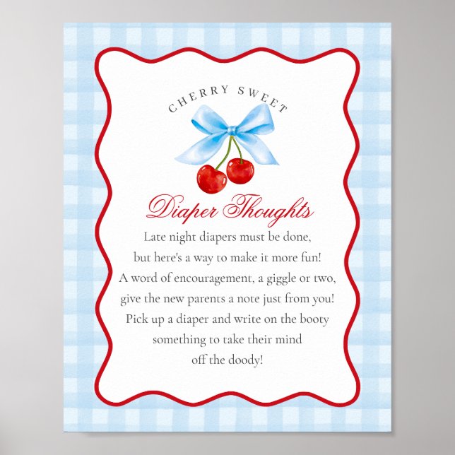 Cherry Sweet Blue Coquette Bow Diaper Thoughts Poster (Front)