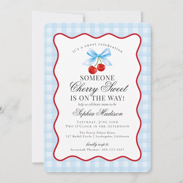 Cherry Sweet Blue Coquette Bow Gingham Baby Shower Invitation (Front)