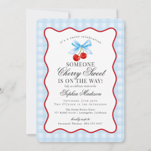 Cherry Sweet Blue Coquette Bow Gingham Baby Shower Invitation